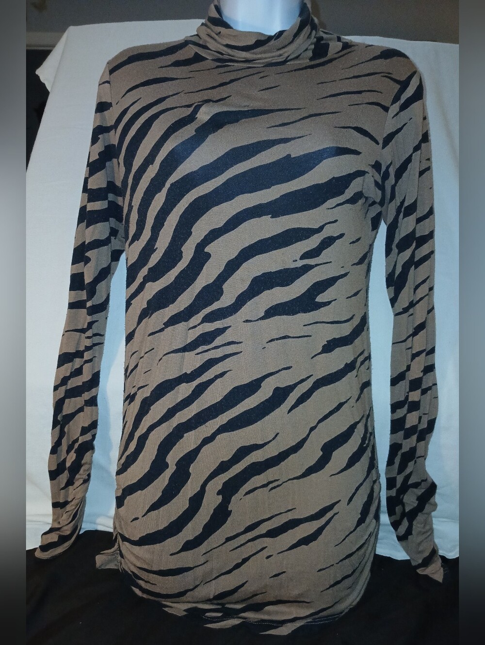 Pre-loved Women's Long Sleeve Zebra Print Mock Neck Dress- Black and Brown.